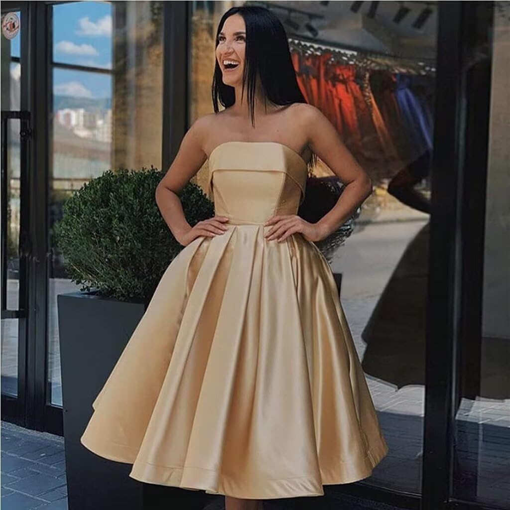 Tea Length Satin Cocktail Party Dresses for Women, Strapless Formal Evening Prom Gown Homecoming Graduation Dresses