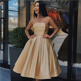 Tea Length Satin Cocktail Party Dresses for Women, Strapless Formal Evening Prom Gown Homecoming Graduation Dresses