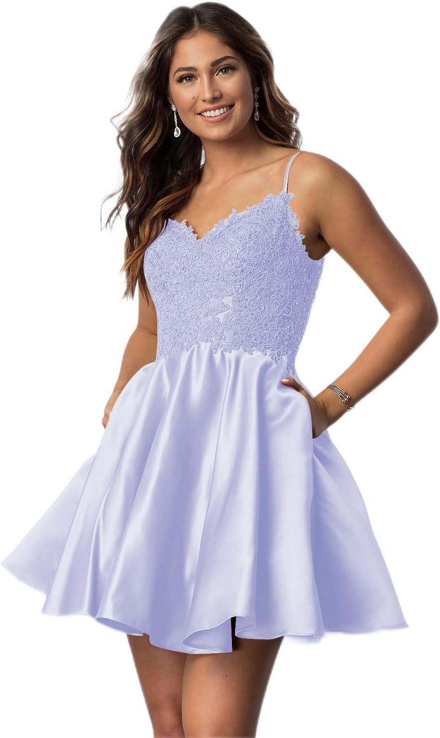Vestidos cortos de fiesta con tirantes finos para jóvenes, con encaje, escote en V y bolsillos.