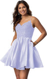 Vestidos cortos de fiesta con tirantes finos para jóvenes, con encaje, escote en V y bolsillos.