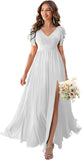 V Neck Flutter Sleeves Bridesmaid Dresses with Slit 2025 Chiffon Aline Pleats Formal Evening Gowns for Women
