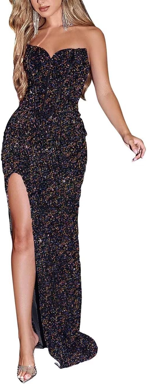 Sparkly Sequin Prom Dresses for Women 2025 Long Mermaid Strapless Glitter Formal Evening Prom Ball Gown with Slit