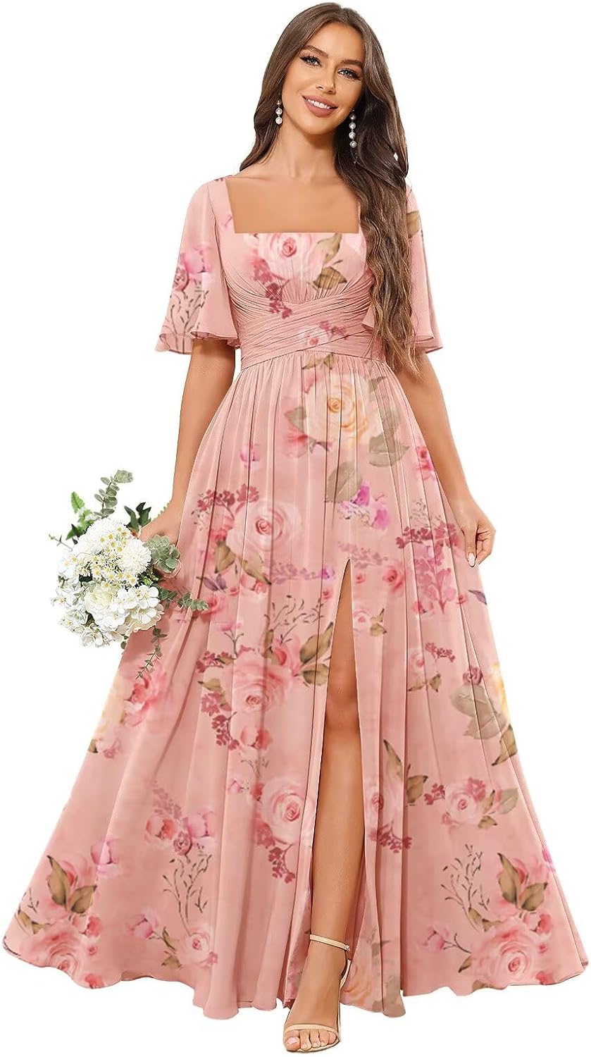 Square Neck Bridesmaid Dresses with Slit Pockets Flutter Sleeve Long Chiffon Formal Wedding Guest Dress