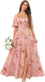 Square Neck Bridesmaid Dresses with Slit Pockets Flutter Sleeve Long Chiffon Formal Wedding Guest Dress