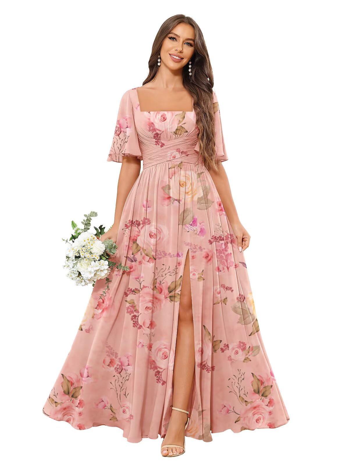 Square Neck Bridesmaid Dresses with Slit Pockets Flutter Sleeve Long Chiffon Formal Wedding Guest Dress