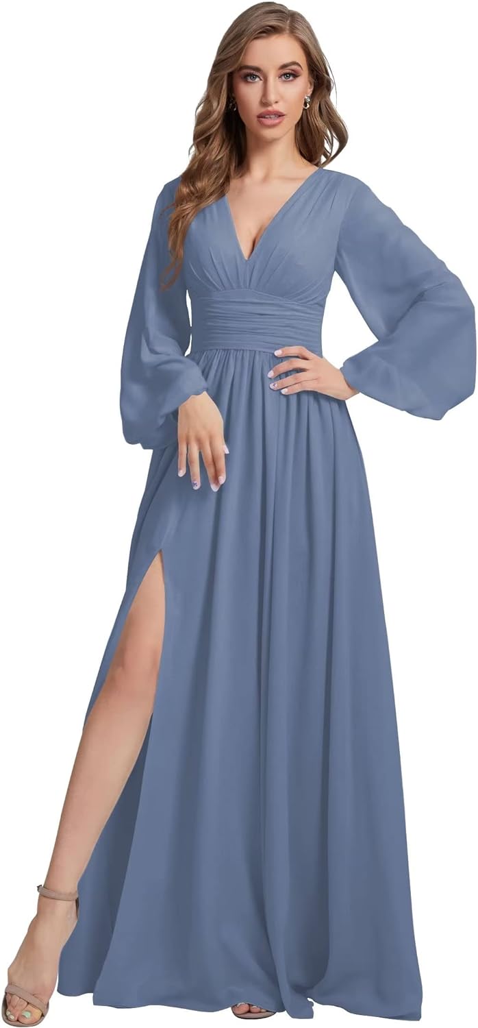 Womens V-Neck Long Sleeve Bridesmaid Dresses with Slit 2024 Ruched A-line Chiffon Prom Formal Dresses