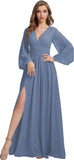Womens V-Neck Long Sleeve Bridesmaid Dresses with Slit 2024 Ruched A-line Chiffon Prom Formal Dresses
