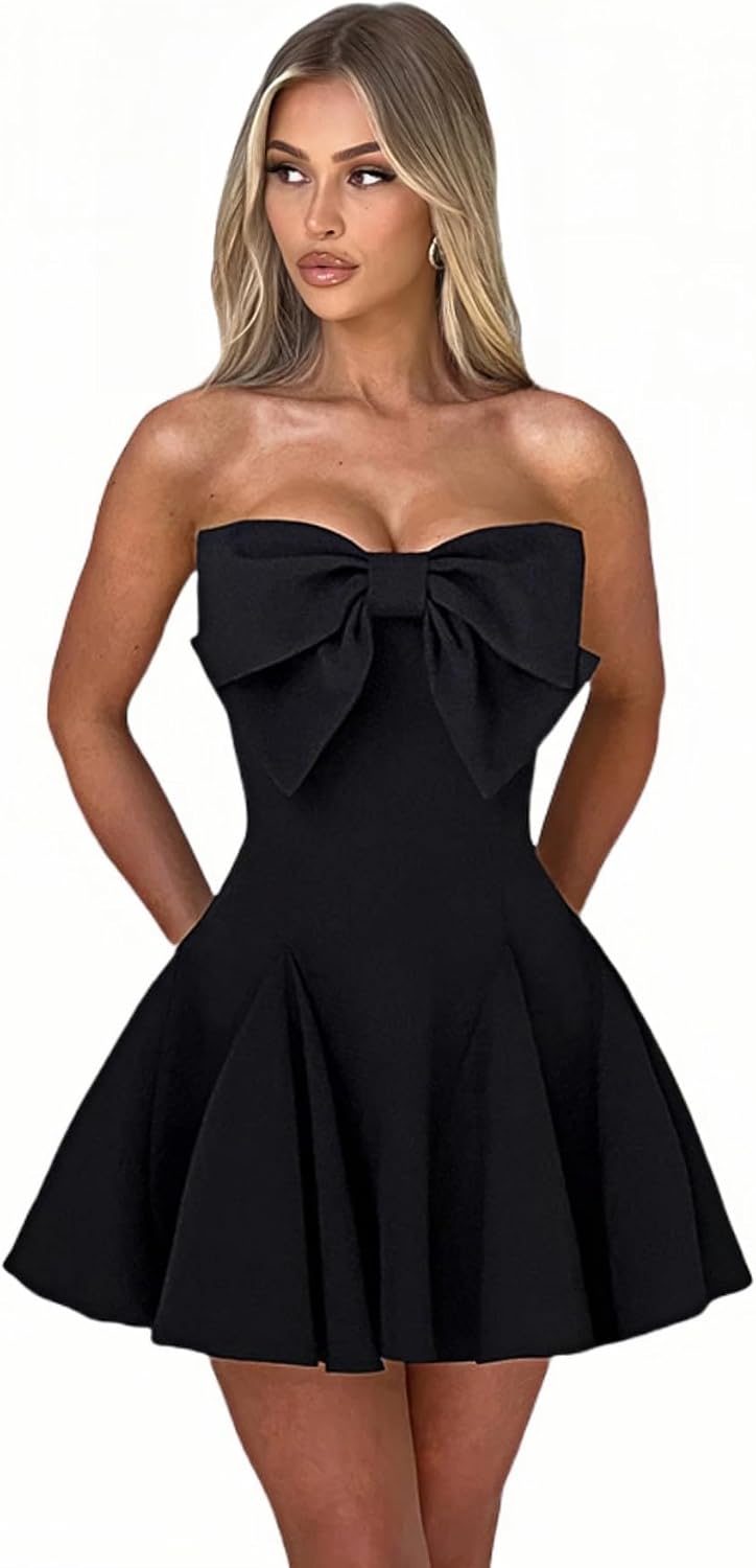 Women's Elegant Bow Strapless Homecoming Dress A Line Swing Tube Mini Dress Short Evening Party Prom Dress
