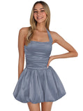 Satin Halter Homecoming Dresses for Teens Short Prom Dress 2027 Flower Bud Ruched Formal Cocktail Gown with Pockets