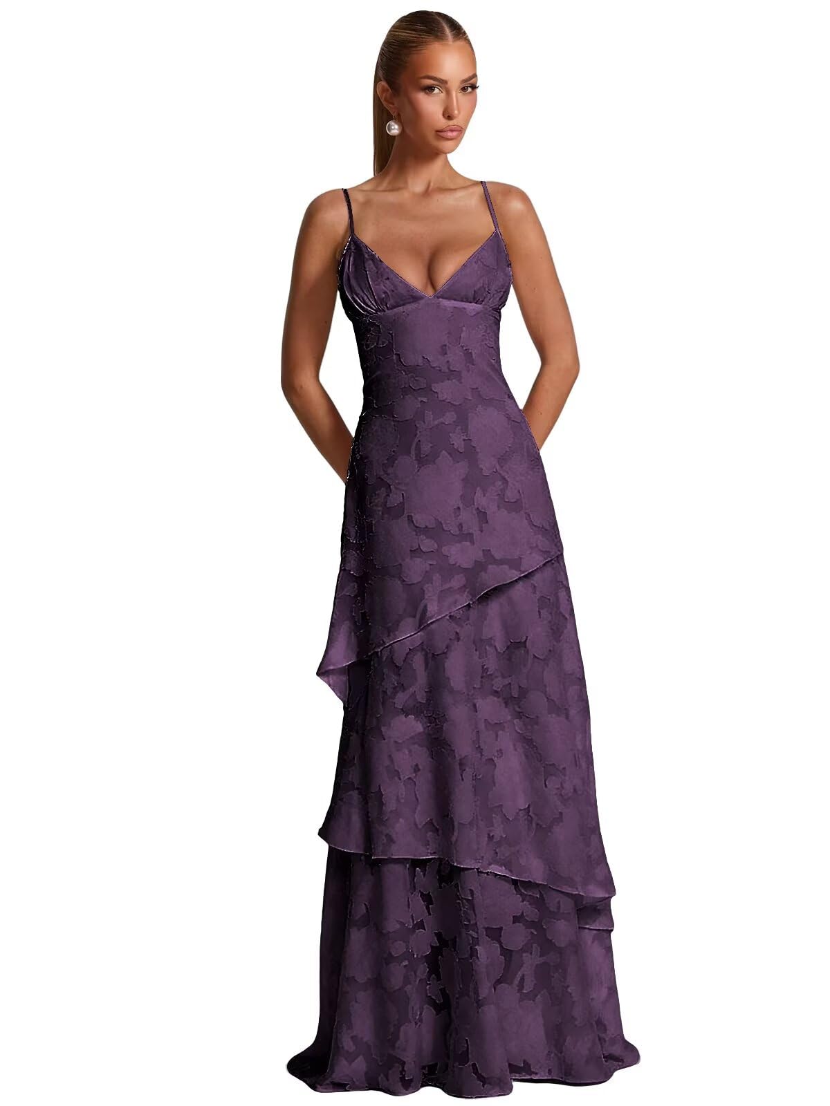 Spaghetti Strap Floral Bridesmaid Dresses for Women Tiered Ruffle A-Line Long Formal Prom Dress