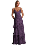 Spaghetti Strap Floral Bridesmaid Dresses for Women Tiered Ruffle A-Line Long Formal Prom Dress