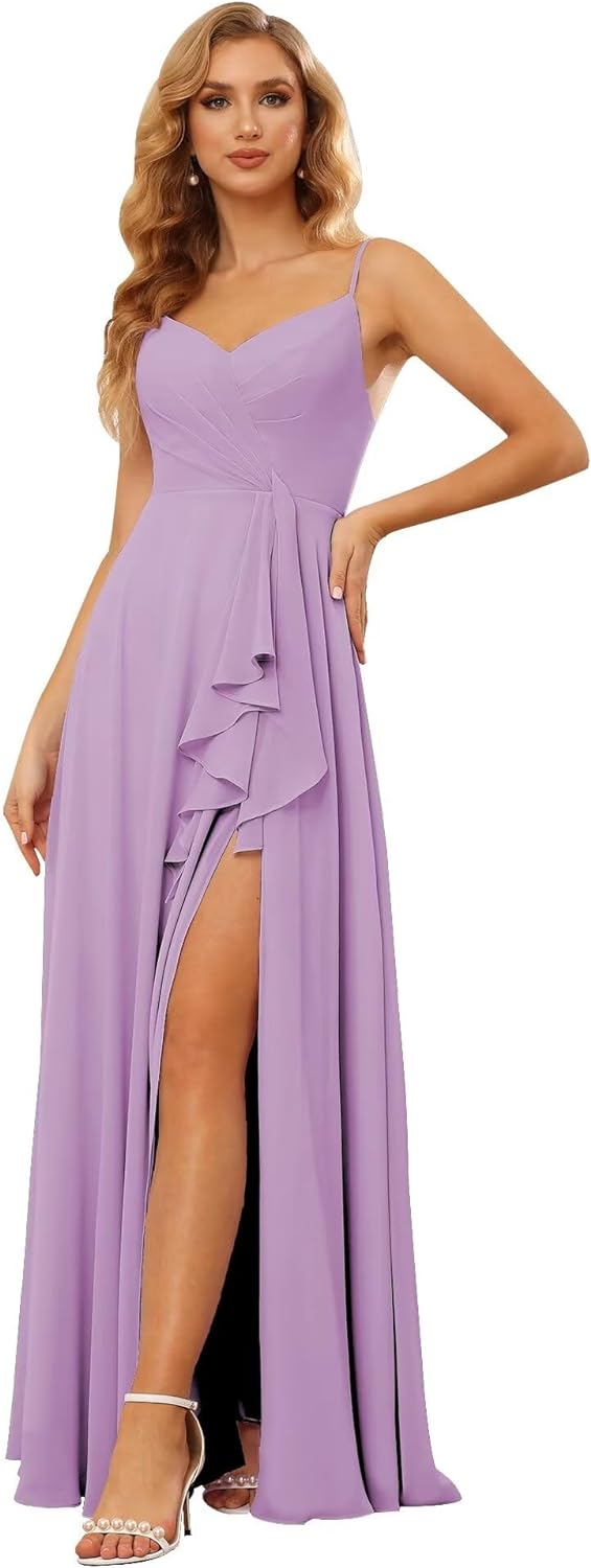 Vestidos de dama de honor largos de gasa con tirantes finos y bolsillos, vestidos formales con volantes y abertura para mujer 