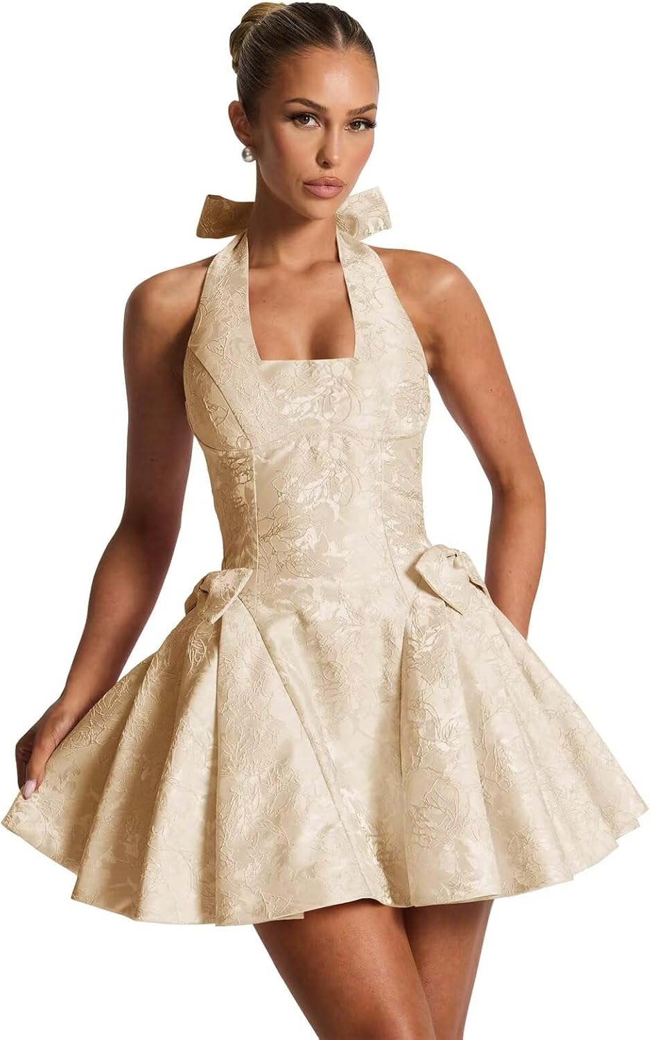 Satin Jacquard Halter Homecoming Dresses with Bow for Teens Mini A-Line Puffy Cocktail Corset Evening Party Gown