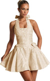 Satin Jacquard Halter Homecoming Dresses with Bow for Teens Mini A-Line Puffy Cocktail Corset Evening Party Gown