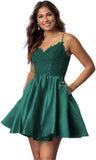 Vestidos cortos de fiesta con tirantes finos para jóvenes, con encaje, escote en V y bolsillos.
