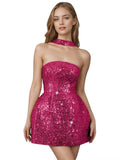 Strapless Sequin Homecoming Dresses for Teens Short Prom Dress Sparkly A-Line Cocktail Party Gowns with Pockets