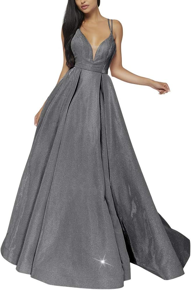 Women's Glittery Spaghetti V-Neck Prom Dresses Long Side Split Formal Evening Gowns