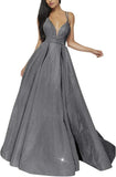 Women's Glittery Spaghetti V-Neck Prom Dresses Long Side Split Formal Evening Gowns