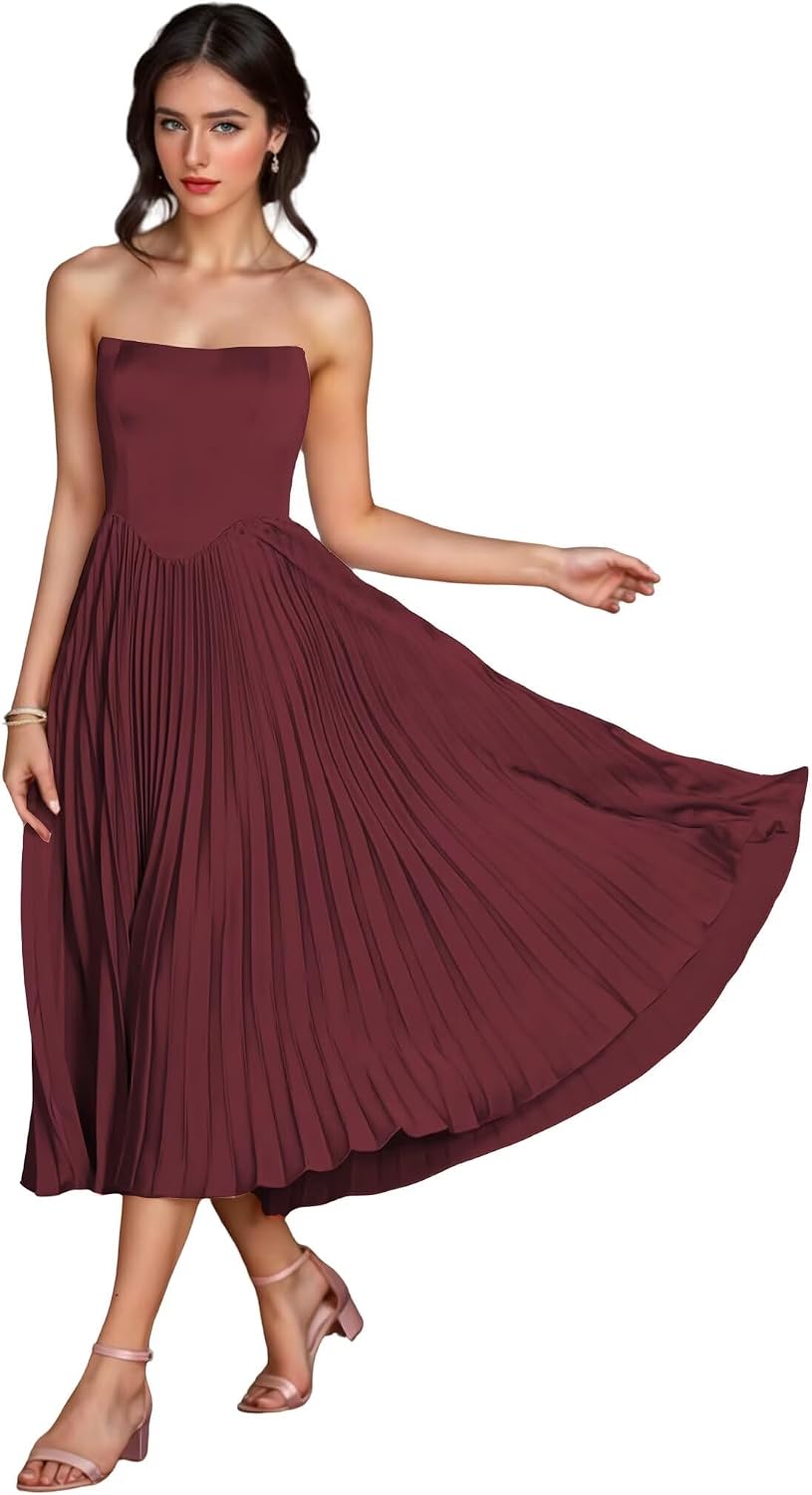 Women's Strapless Bridesmaid Dresses for Womens Tea Length Ruffle Satin Formal Prom Dress