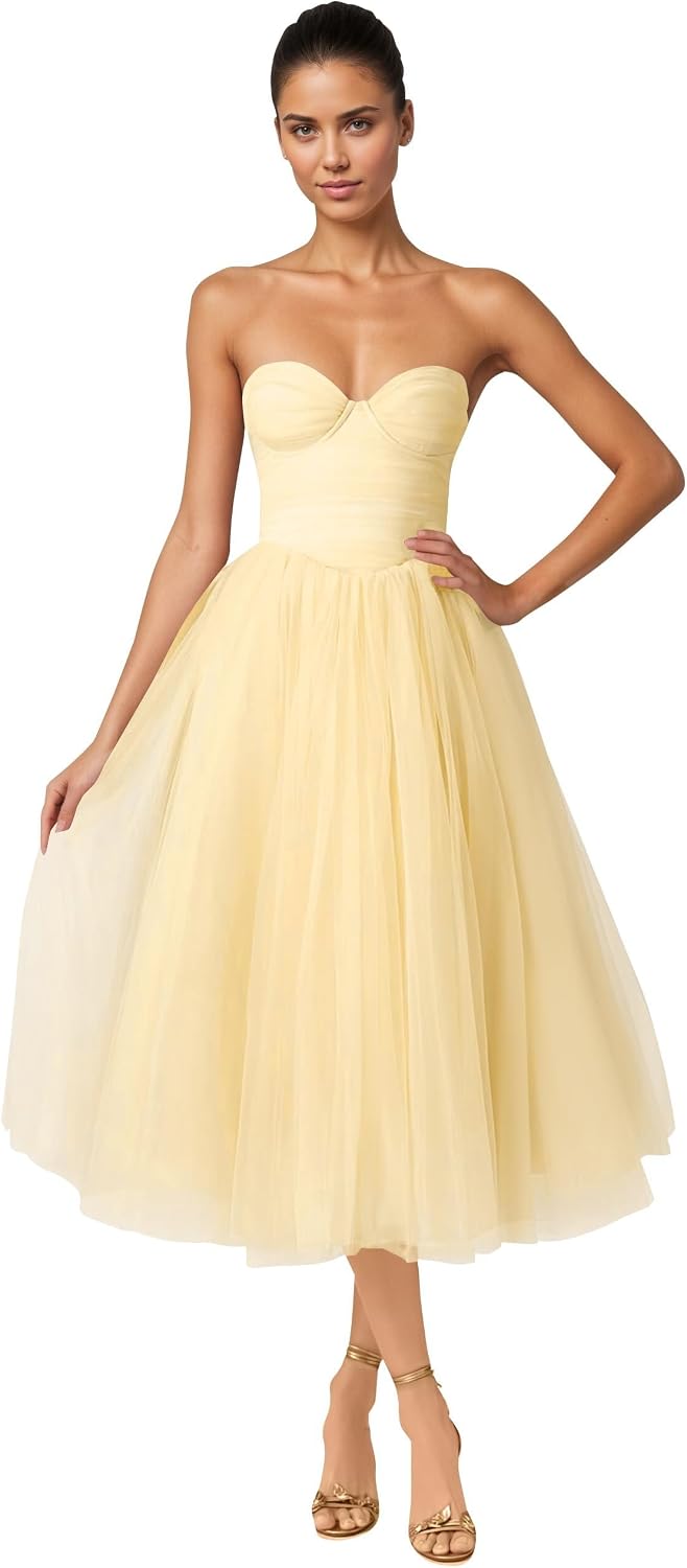 Strapless Prom Dresses Sweetheart Tulle Ball Gowns Corset Short Homecoming Dresses Pleated Lace-up Evening Dresses
