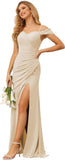 Vestidos de dama de honor de gasa con hombros descubiertos para mujer, vestidos formales largos de sirena fruncidos con abertura 