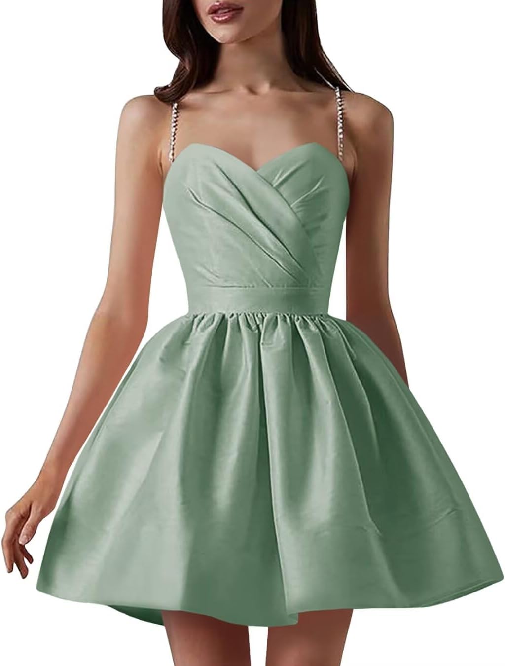 Satin Homecoming Dresses for Teens Spaghetti Straps Short Prom Dress A-Line Cocktail Wedding Guest Dress