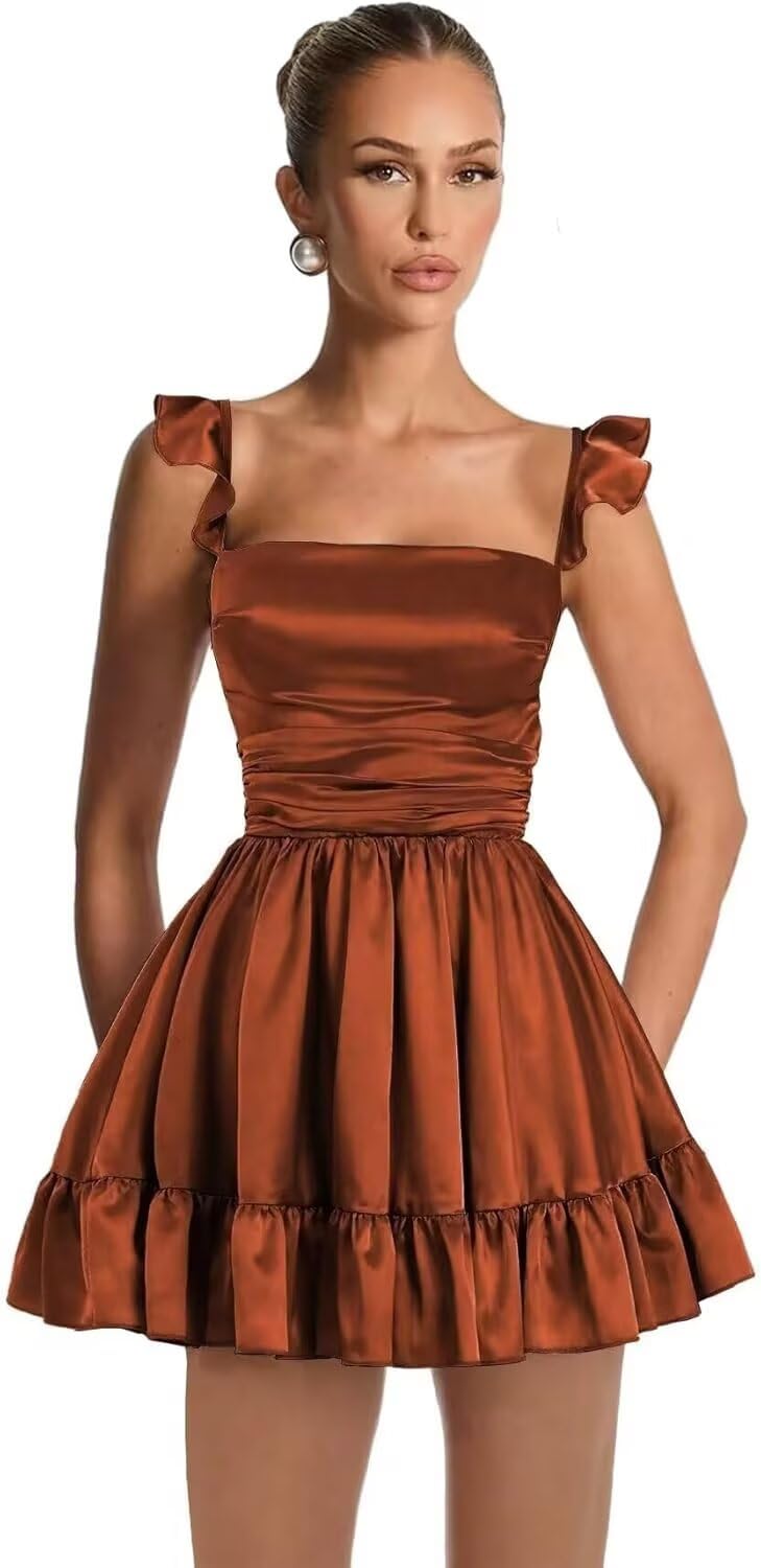 Satin Homecoming Dresses for Teens 2027 A-line Ruched Square Neck Short Prom Formal Cocktail Gowns with Pockets