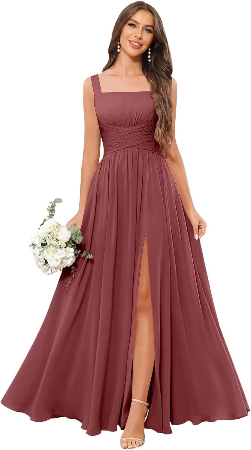 Kingbridal Chiffon A-line Bridesmaid Dresses for Women 2027 Long Square Neck Pleated Formal Evening Party Dress with Slit