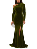 Mermaid Velvet Prom Dresses with Slit 2027 Long Sleeve Formal Dress for Women One Shoulder Evening Party Gowns