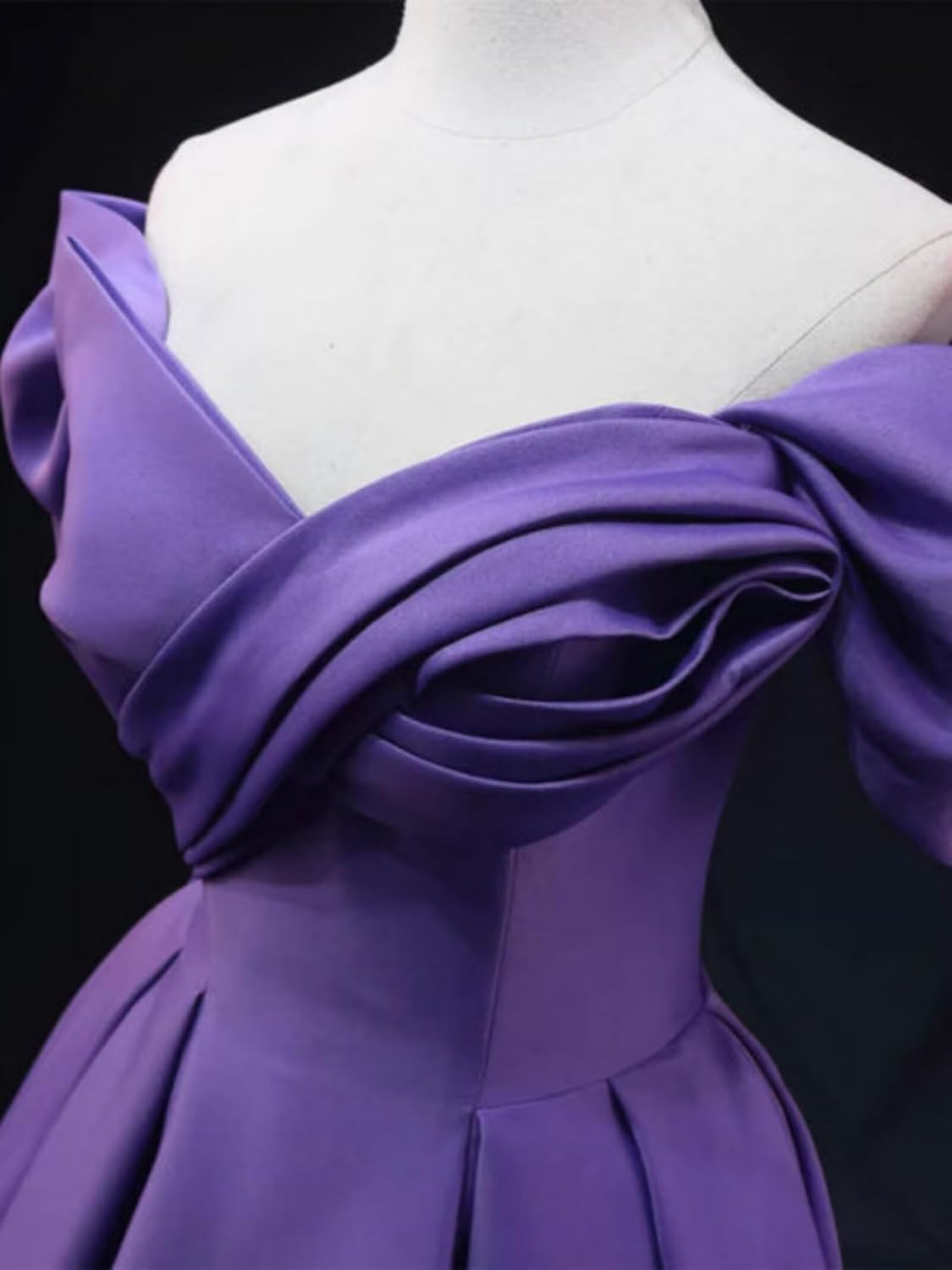 Off Shoulder Satin Prom Dresses for Women V-Neck Elegant A-Line Long Pleated Formal Evening Gown