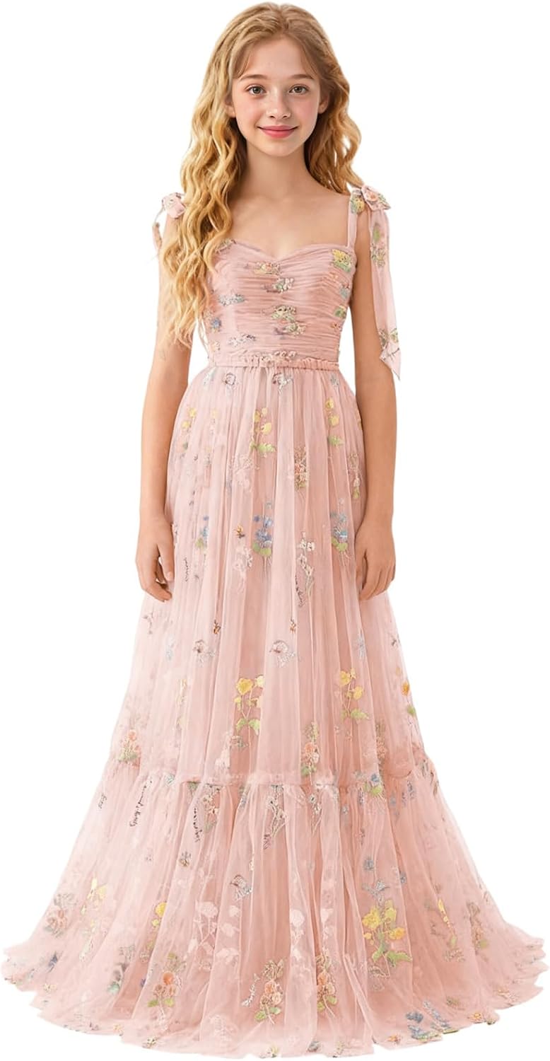 Floral Embroidered Tulle Flower Girl Dress Sweetheart Junior Bridesmaid Dresses Tiered Ruffled Formal Party Prom Gown