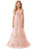 Floral Embroidered Tulle Flower Girl Dress Sweetheart Junior Bridesmaid Dresses Tiered Ruffled Formal Party Prom Gown