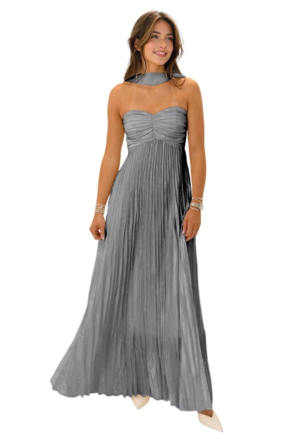 Flowy Chiffon Bridesmaid Prom Dress with Scarf Strapless Pleated Formal Evening Dresses