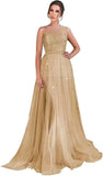 One Shoulder Sequin Prom Dress Long A-Line Tulle Formal Evening Gowns for Women 2027