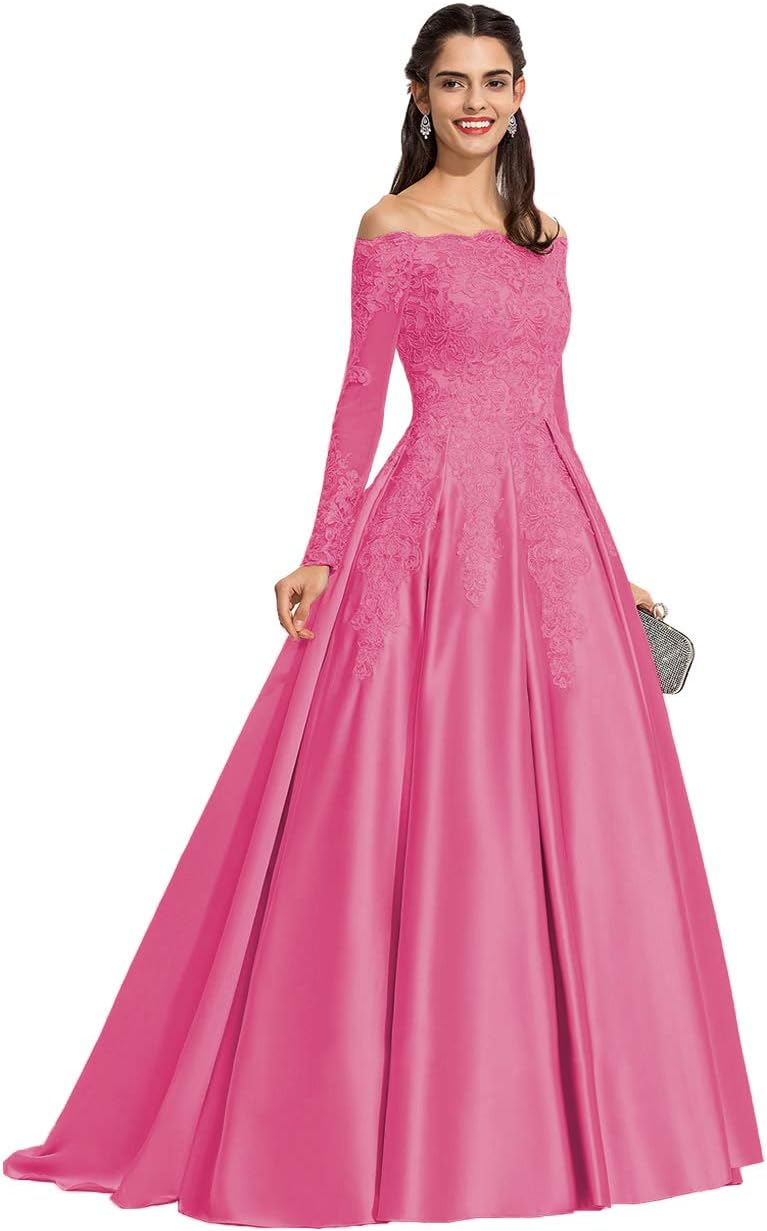 Vestidos de fiesta formales de satén con apliques de encaje y hombros descubiertos para mujer, con mangas largas