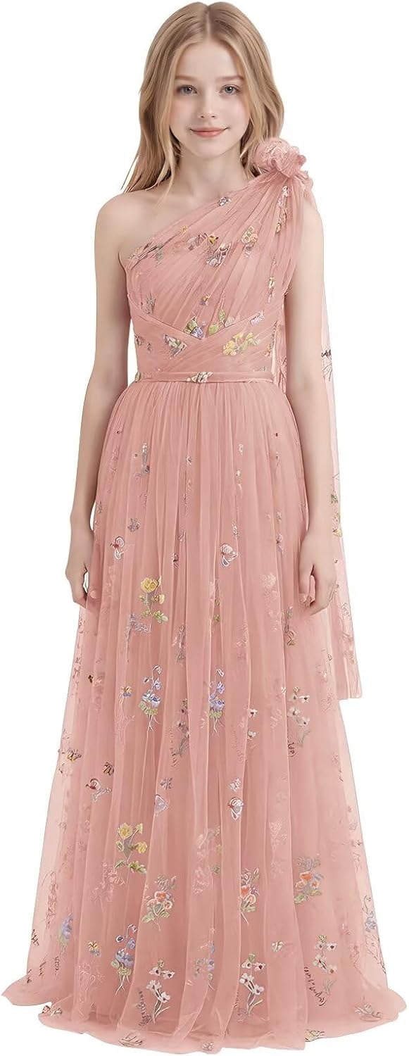 One Shoulder Long Tulle Junior Bridesmaid Dresses for Wedding Flower Girl Dress Formal Prom Gown