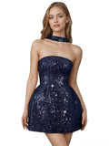 Strapless Sequin Homecoming Dresses for Teens Short Prom Dress Sparkly A-Line Cocktail Party Gowns with Pockets