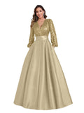 Satin Mother of Bride Dresses Long for Women Sequin Long Sleeve Evening Gown with Pockets