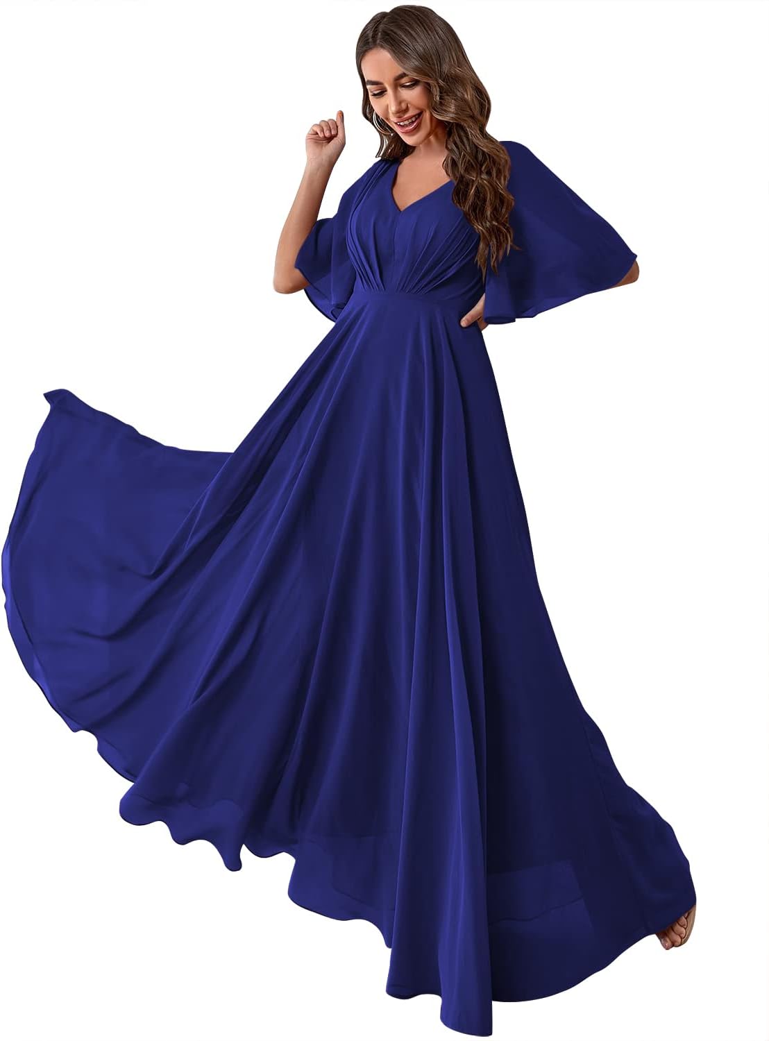 Women's Batwing Sleeve Chiffon Bridesmaid Dresses with Pockets V Neck Long Formal Evening Dress