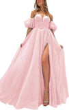 Tulle Prom Dresses for Women 2027 Sparkly Puffy Sleeves Long Ball Gowns with Slit A-Line Evening Dresses