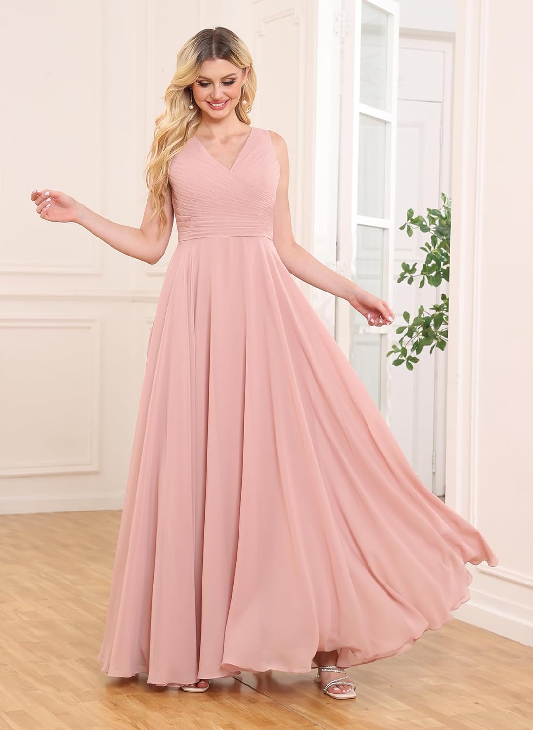 Chiffon Bridesmaid Dresses Long for Women A Line Ruched Formal Porm Evening Gowns