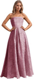 Jacquard Floral Prom Dresses Strapless Maxi Evening Gowns A-Line Ruched Formal Party Dress Elegant