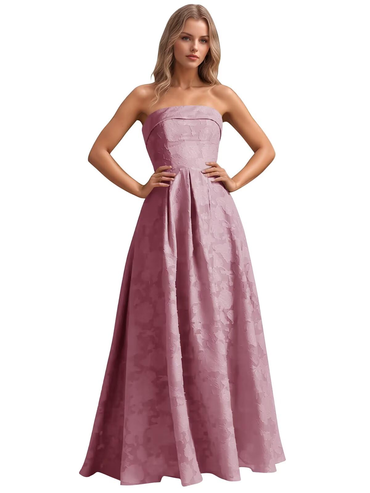 Jacquard Floral Prom Dresses Strapless Maxi Evening Gowns A-Line Ruched Formal Party Dress Elegant
