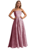 Jacquard Floral Prom Dresses Strapless Maxi Evening Gowns A-Line Ruched Formal Party Dress Elegant