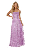 Lace Sequin Prom Dresses Spaghetti Straps A-Line Cowl Neck Pleated Sparkly Long Formal Evening Party Gowns