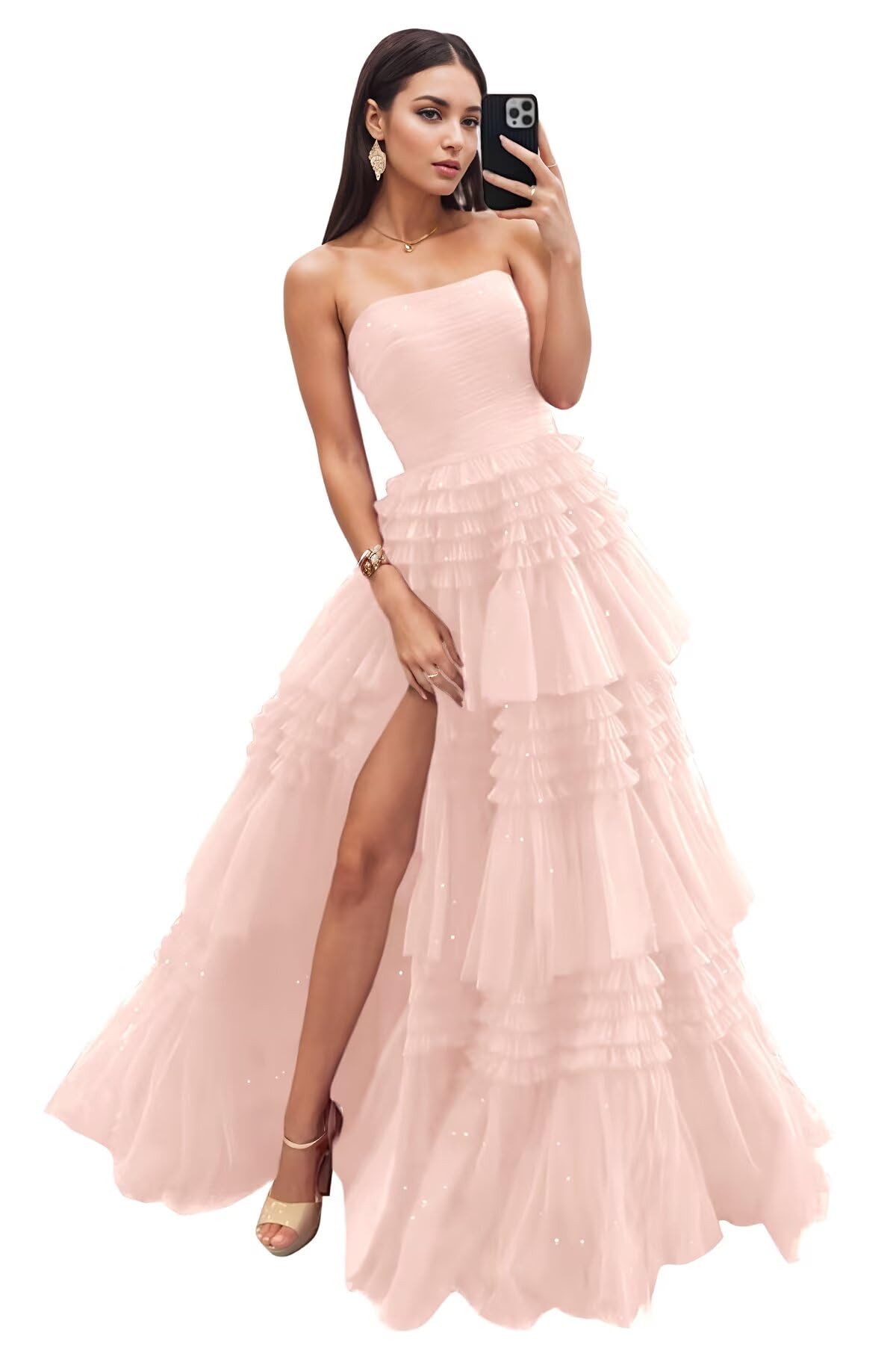 Strapless Tiered Tulle Prom Dresses for Women 2027 Long Sparkly A-Line Formal Evening Party Ball Gowns with Slit