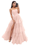 Strapless Tiered Tulle Prom Dresses for Women 2027 Long Sparkly A-Line Formal Evening Party Ball Gowns with Slit