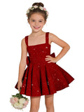 Sparkly Sequin Teen Flower Girl Dresses for Wedding Short Spaghetti Straps Cute Birthday Party Dress with Bow