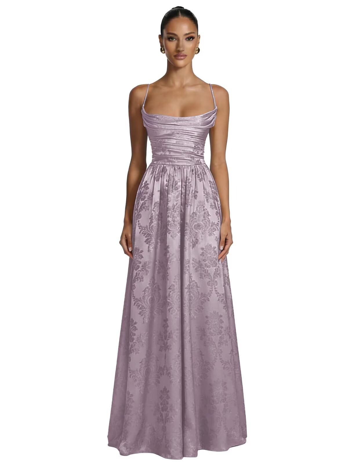 Floral Jacquard Prom Dresses for Women Spaghetti Straps A Line Satin Cowl Neck Formal Evening Party Dress
