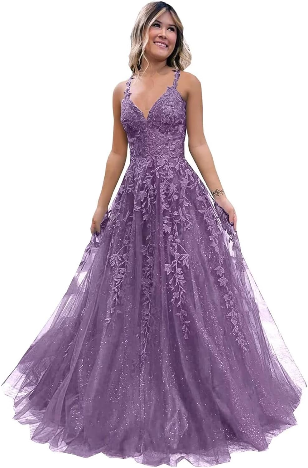 Women's Sparkly Tulle Lace Applique Prom Dresses 2025 Long Spaghetti Straps Formal Evening Gowns